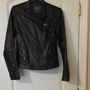 Cole Haan Women's Black Lambskin Leather Moto Jacket Asymmetrical Zip